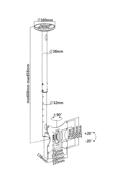 BRATECK βάση οροφής LCD-504A για τηλεόραση 23-42", έως 30kg LCD-504A