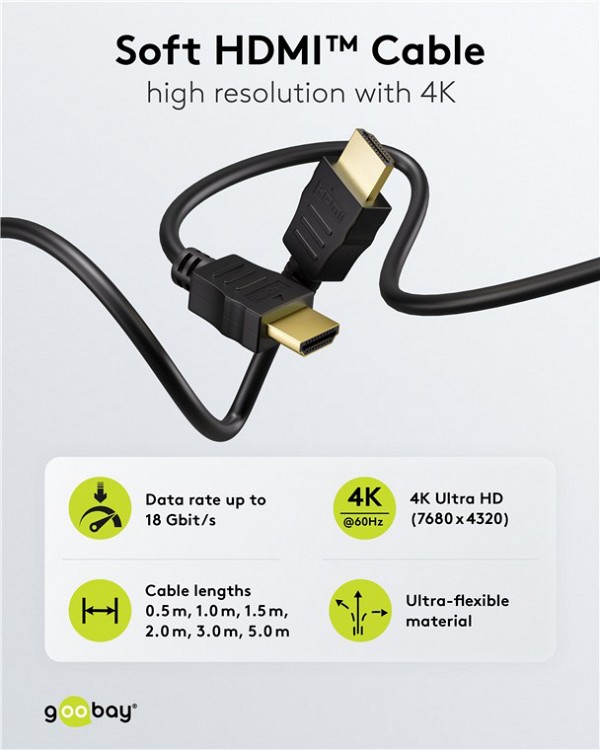 GOOBAY καλώδιο HDMI με Ethernet, soft, 4K/60Hz, 18 Gbps, 3m, μαύρο 80104