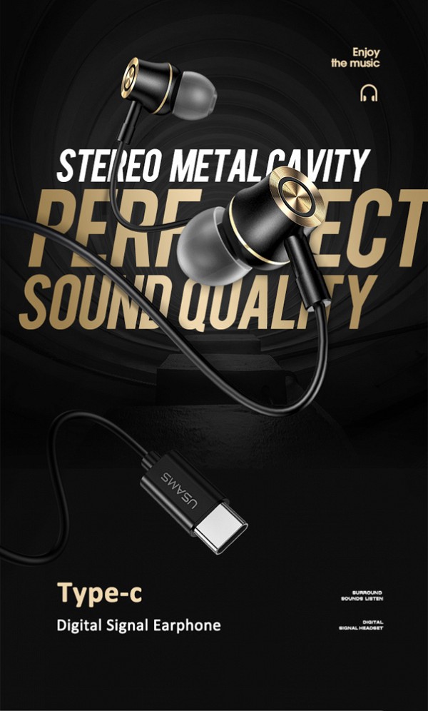 USAMS earphones με μικρόφωνο US-SJ482, Type-C, 10mm, 1.2m, μαύρα HSEP4301