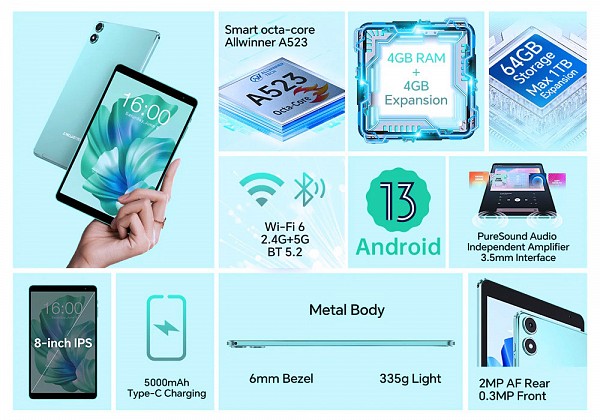 TECLAST tablet P85T, 8 HD, 4/64GB, Android 13, 5000mAh, μπλε P85T-BL
