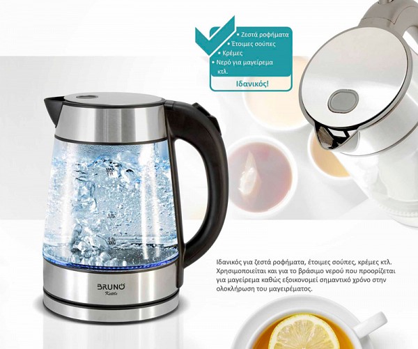 BRUNO βραστήρας νερού BRN-0143, 1.7L, 2200W, γυάλινος-Inox BRN-0143