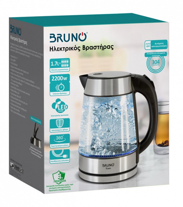 BRUNO βραστήρας νερού BRN-0143, 1.7L, 2200W, γυάλινος-Inox BRN-0143