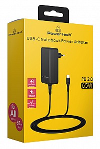 POWERTECH τροφοδοτικό laptop USB-C PD, universal, 65W, μαύρο PT-1156