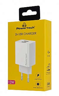 POWERTECH φορτιστής τοίχου 2x USB, 12W, λευκός PT-1321