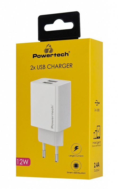 POWERTECH φορτιστής τοίχου 2x USB, 12W, λευκός PT-1321