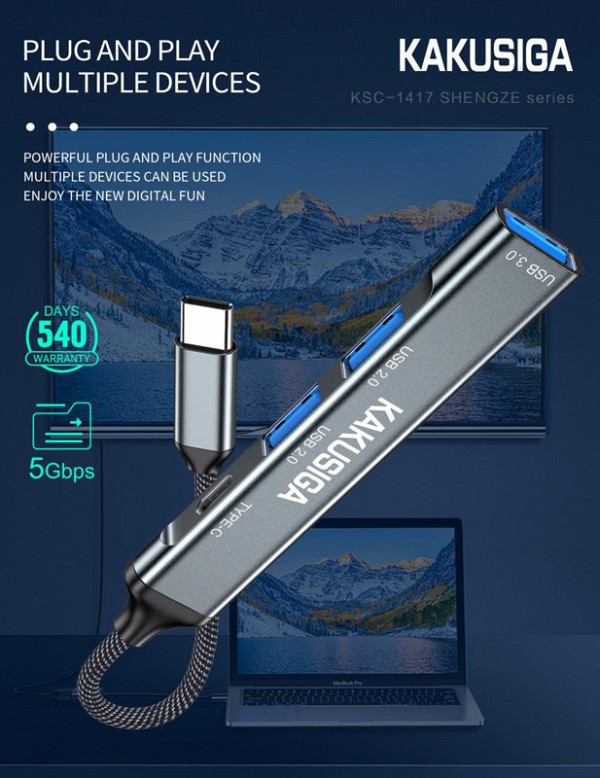 KAKUSIGA USB hub KSC-1417, 4x θυρών, USB 3.0, 5Gbps, USB-C σύνδεση, γκρι KSC-1417