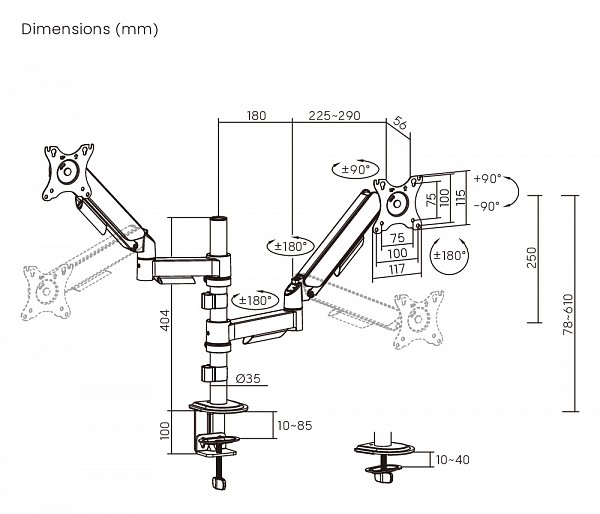 BRATECK βάση γραφείου για 2x οθόνες 17-32, έως 9kg LDT97-C024PE
