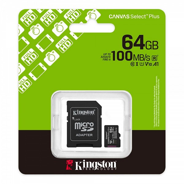 Kingston Canvas Select Plus microSDHC 64GB U1 V10 A1 UHS-I 100MB/s με αντάπτορα