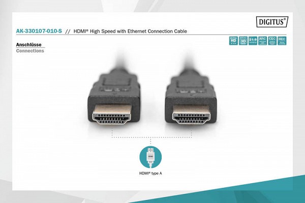 Digitus καλώδιο HDMI 1m 4K(3840 x 2160@60Hz) w.ETHERNET AK-330107-010-S