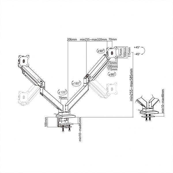 Roline ΒΡΑΧΙΟΝΑΣ ΓΡΑΦΕΙΟΥ ΓΙΑ 2 ΟΘΟΝΕΣ Pneumatic (up to 15 kg each) 17.03.1117