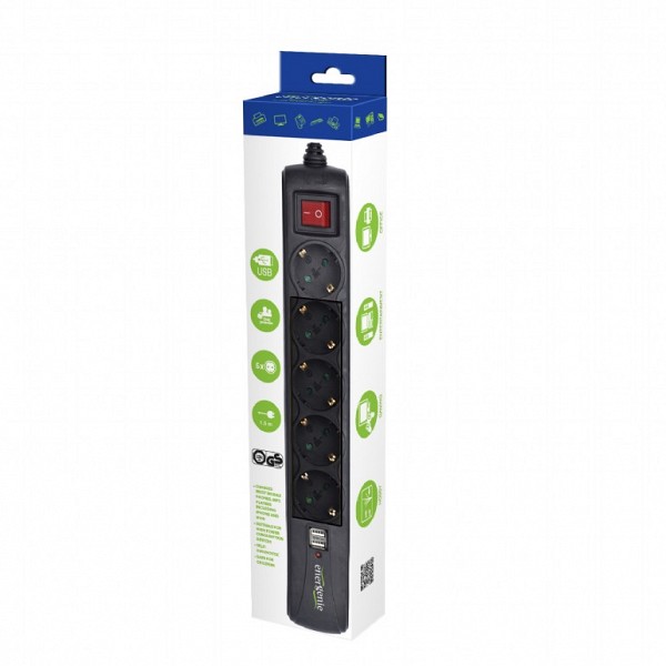 Energenie Power Strip With USB Charger 5 Sockets 1.5m USB 2A Black SPG5-U2-5