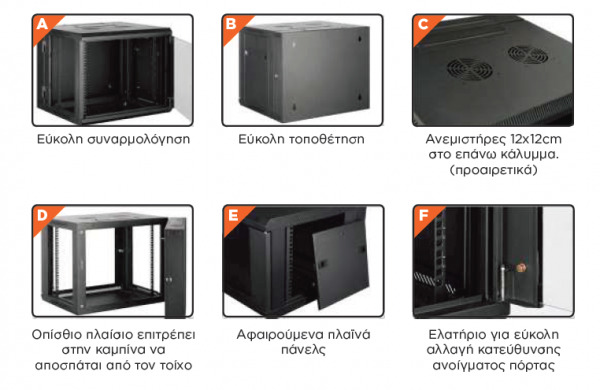 Safewell® Επιτοίχια Καμπίνα RACK 18U Μαύρη 60kg Π60/Β55/Υ90.3 SMB6518