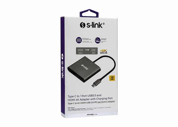 S-link Swapp 4K@30Hz Gray Metal Type-C to HDMI USB 3.0 PD Charger Converter Adapter SW-U515