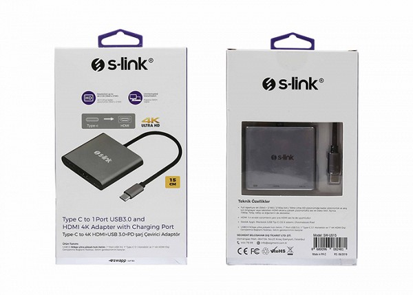 S-link Swapp 4K@30Hz Gray Metal Type-C to HDMI USB 3.0 PD Charger Converter Adapter SW-U515