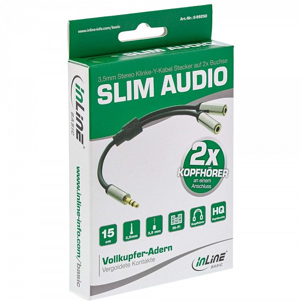 InLine® Basic Slim Audio Y-Cable 3.5mm M to 2x F, 0.15m S-99250