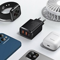 Baseus Φορτιστής Χωρίς Καλώδιο με 2 Θύρες USB-A και Θύρα USB-C 30W Power Delivery Μαύρος (Compact 2U+C) CCXJ-E01