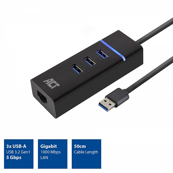 ACT USB 3.0 ETHERNET GIGA & Hub 3-Port USB 3.2 AC6310