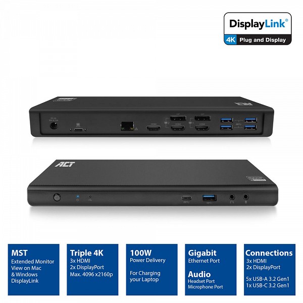 ACT DOCKING STATION TYPE-C to Triple 4K (2DP-100WPD-LAN-USB-TYPE-C) AC7048