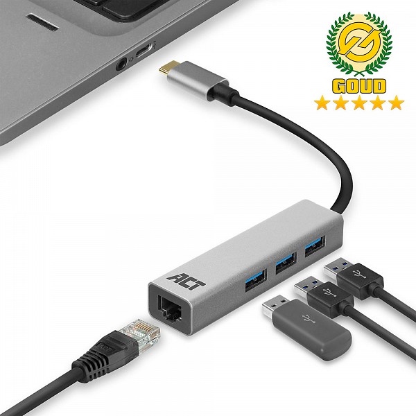 ACT ADAPTER USB Type-C Male to Gigabit LAN + 3-Port USB 3.2 HUB AC7055