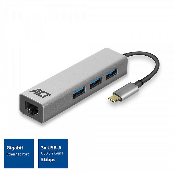 ACT ADAPTER USB Type-C Male to Gigabit LAN + 3-Port USB 3.2 HUB AC7055