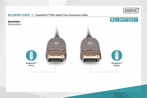 Digitus καλώδιο DisplayPort 15m v1.4 Hybrid Fiber Optic 8K/60Hz (AOC) AK-340107-150-S