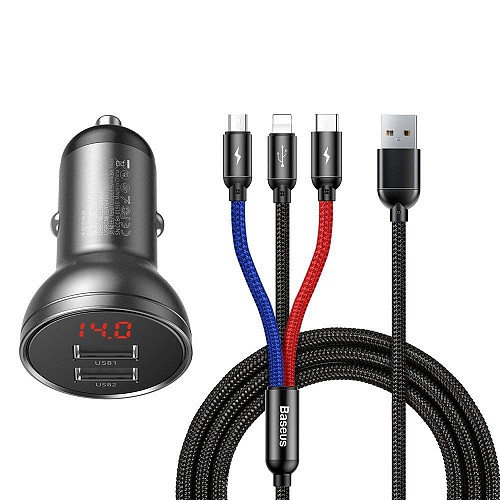 Baseus Car Charger Digital Display  3-in-1 Cable Μαύρο/Γκρι (TZCCBX-0G) (BASTZCCBX-0G)