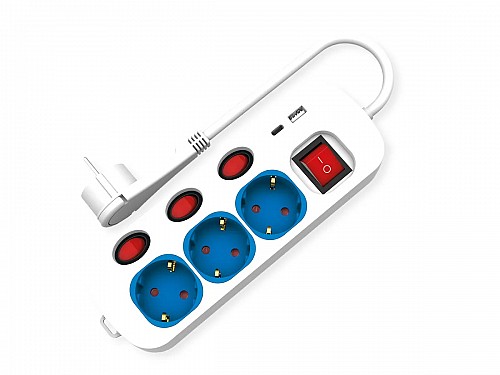 ROLINE Power Strip 3-way with individual on/off switches 1x USB A 1x USB C 1.5m