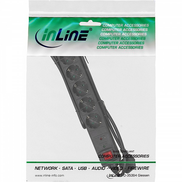 InLine® Power Strip 6 Port with protection 6x Type F German with switch black 1.5m