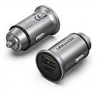 VENTION 2-Port USB (A+C) Car Charger (18W/20W) Gray Mini Style Aluminium Alloy Type (FFBH0) (VENFFBH0)