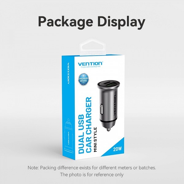 VENTION 2-Port USB (A+C) Car Charger (18W/20W) Gray Mini Style Aluminium Alloy Type (FFBH0) (VENFFBH0)