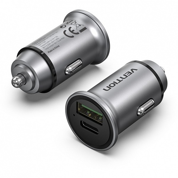 VENTION 2-Port USB (A+C) Car Charger (18W/20W) Gray Mini Style Aluminium Alloy Type (FFBH0) (VENFFBH0)