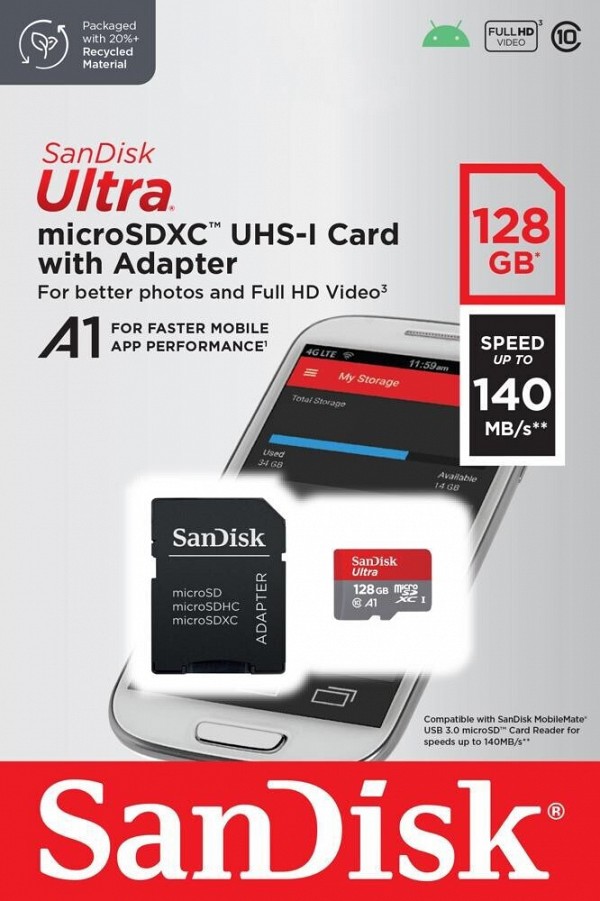 Sandisk Ultra microSDXC 128GB Class 10 U1 A1 UHS-I με αντάπτορα 140MB/s SDSQUAB-128G-GN6MA