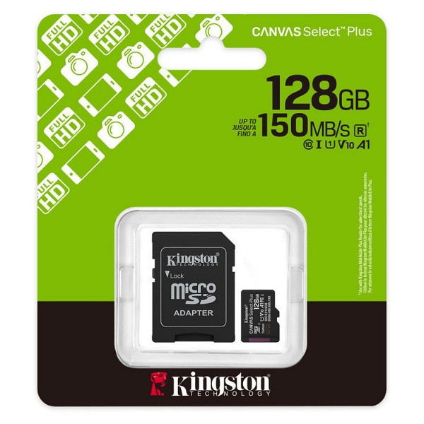 Kingston Canvas Select Plus microSDHC 128GB Class 10 U1 V10 A1 UHS-I με αντάπτορα