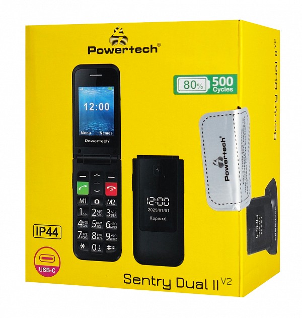 POWERTECH Κινητό Τηλέφωνο Sentry Dual II, 2 οθόνες, SOS Call, μαύρο PTM-23