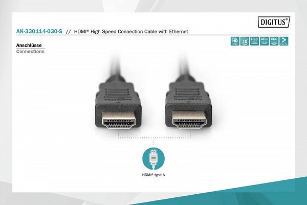 Digitus HDMI High Speed with Ethernet Connection Cable 3m - AK-330114-030-S