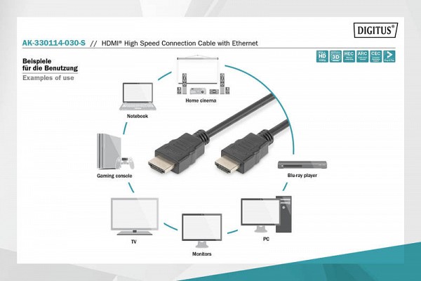 Digitus HDMI High Speed with Ethernet Connection Cable 3m - AK-330114-030-S