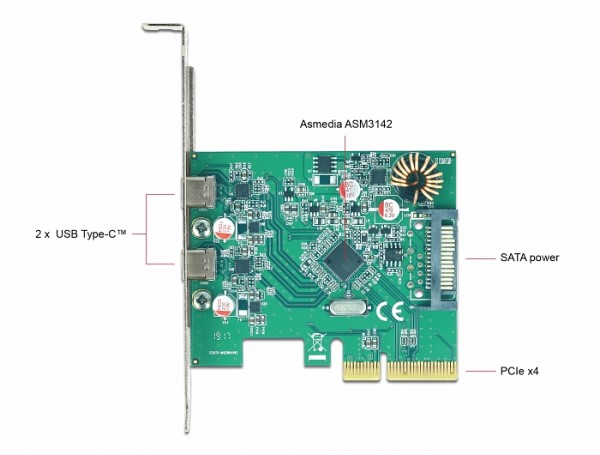 Delock Κάρτα PCI Express x4 προς 2 x εξωτερική SuperSpeed USB 10 Gbps (USB 3.1 Gen 2) USB Type-C™, θηλυκό 90397
